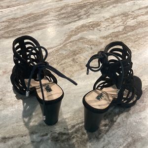 Black suede 3.5 inch heel ankle strap ladies shoe